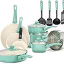 GreenLife Soft Grip 16 Piece Cookware Set, Non-Toxic PFAS-Free Ceramic Nonstick, Pots, Frying, Sauce, Saute, Glass Lids, Stay-Cool Handles, Wobble Free Bases, Dishwasher & Oven Safe, Turquoise