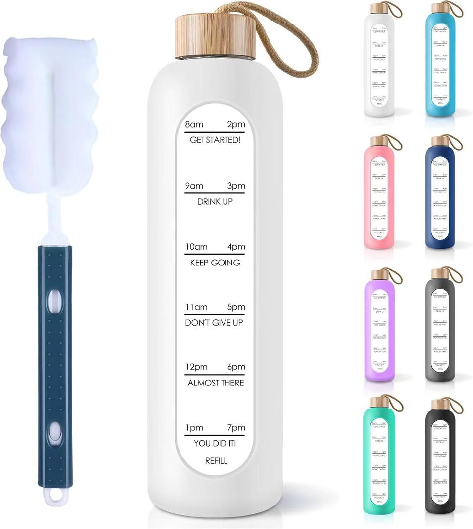 PROBTTL 25 oz Glass Water Bottles - Time Marker Motivational Borosilicate Glass Water Bottle With Silicone Sleeve and Bamboo Lid, Leak Proof, Reusable, BPA Free (White)