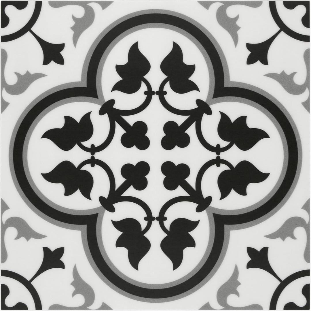 INNO STCIEKRS 16-Sheet Peel and Stick Floor and Wall Tile for Bathroom Kitchen, 9" x 9" Patterned Black SPC Self-Adhesive Vinyl Flooring Encaustic Groutable Backsplash Tile, Covers 9.12 Sq. Ft.