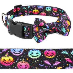 2 x Halloween Dog Collar Bowtie - Fall Collar with Bow-Pumpkin Bat Ghost Pattern - Adjustable for Medium Dogs
