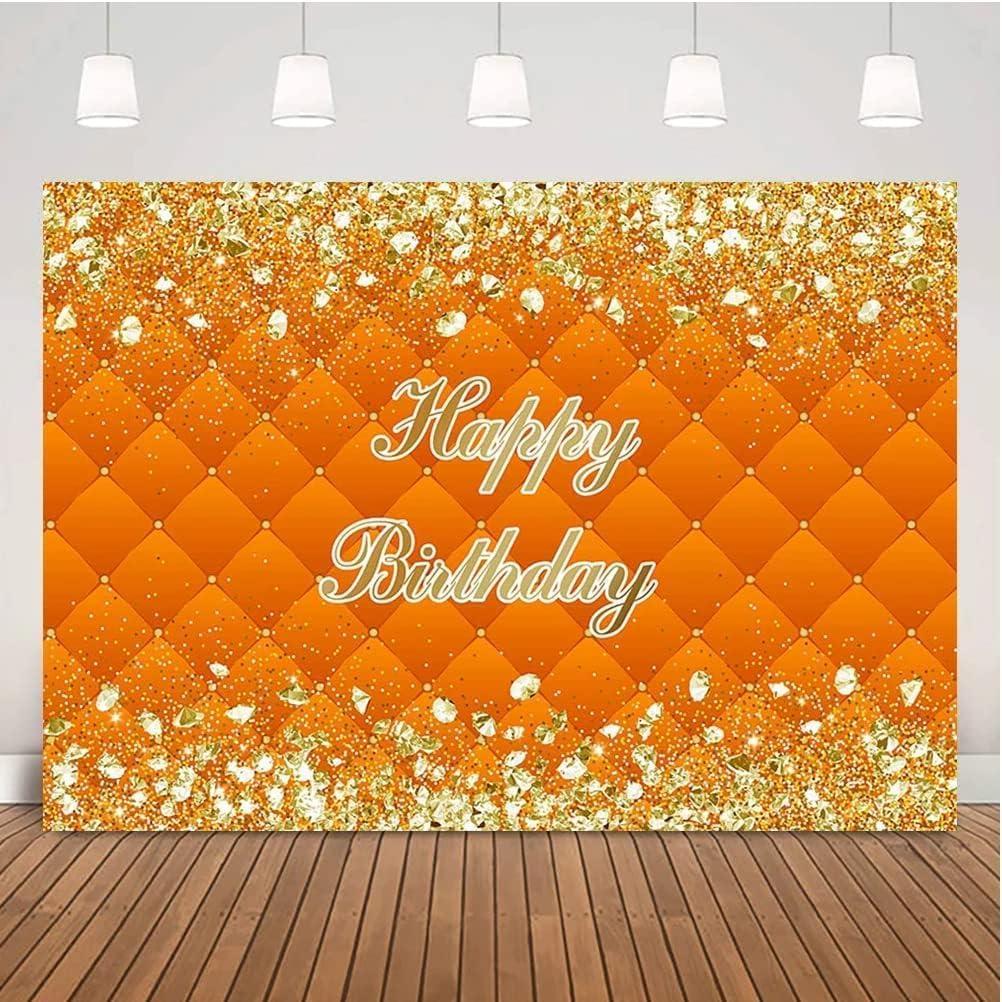 6x4ft Happy Birthday Theme Background Adult Gold Glitter and Sliver Diamonds Backdrop Women Orange Headboard Party Decorations Props