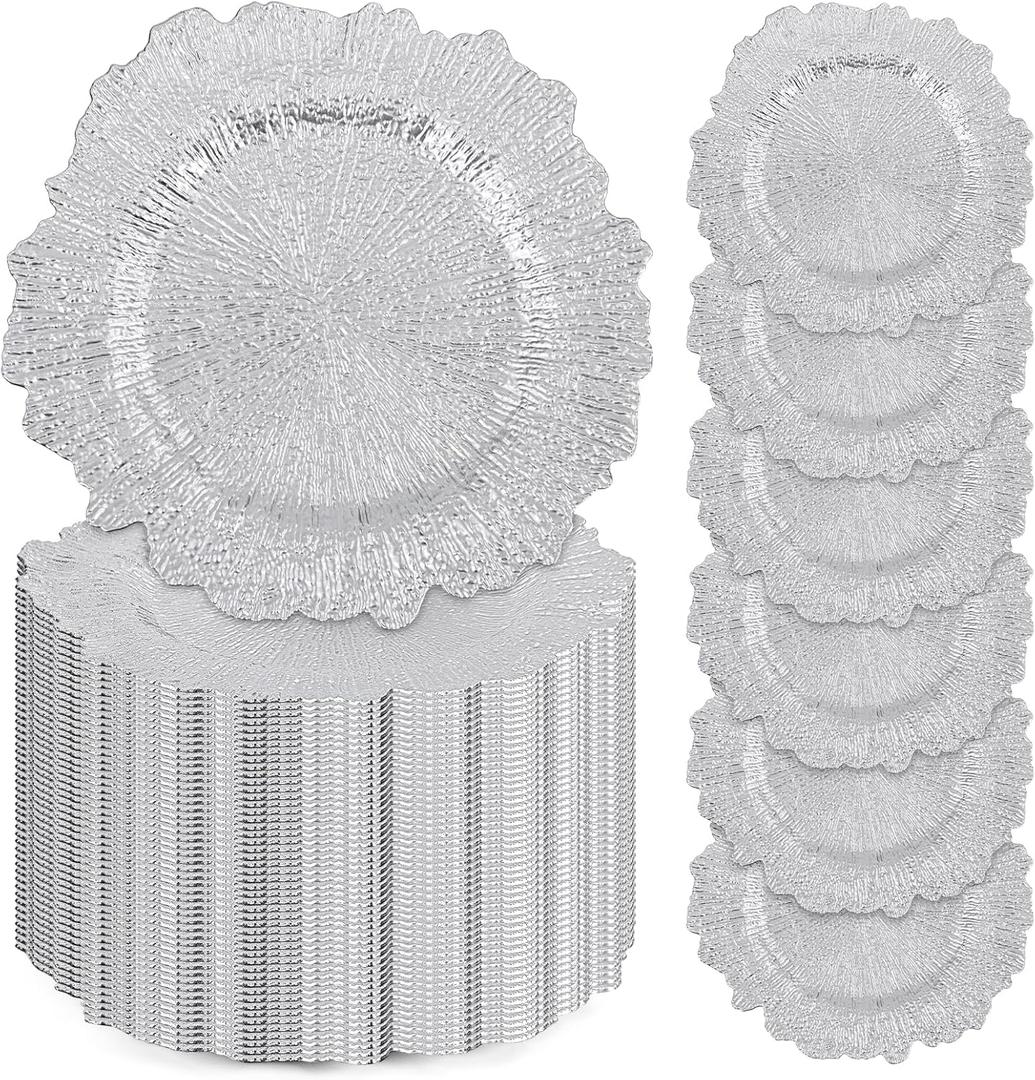 100 Pcs Silver Charger Plates Bulk, 13" Reef Plastic Floral Decorative Dinner Plate for Table Setting, Wedding, Party, Event, Decoration, Silver 