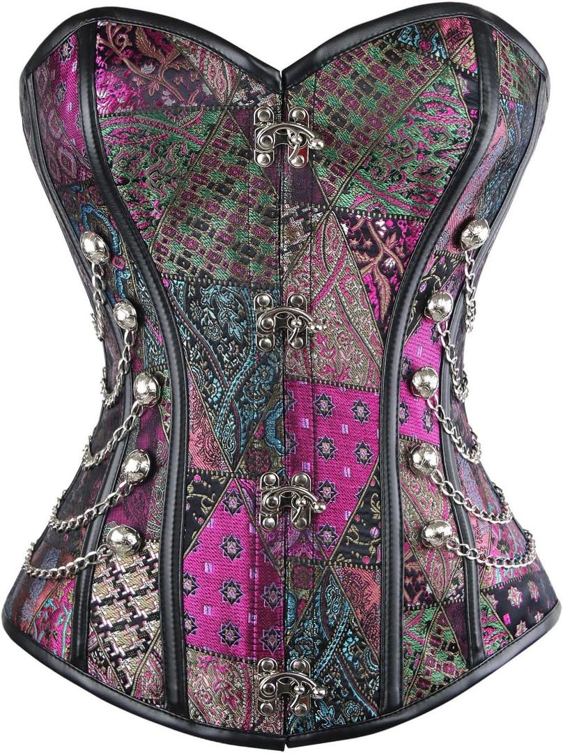 Charmian Women's Spiral Steel Boned Steampunk Gothic Bustier Corset with Chains (X-Large, Purple)