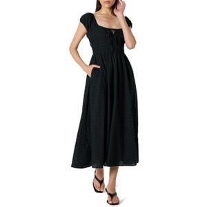 The Drop Women's Melody Cap Sleeve Tie Front Cotton Dress (Black)