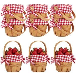 Geelin 6 Pcs Mini Picnic Basket with Handle, Small Woven Baskets Farmhouse 4.72 X3.94in Miniature Berry Strawberry Basket with Red White Gingham Liner Picnic Baskets for Wedding Party Decor