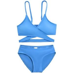 Karrack Teen Girls' Swimsuits Two-Piece V-Neck Bikini Adjustable Shoulder Straps Swimsuit Kids Bikini Set, 16, Blue