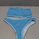 ZAFUL Women Strapless Textured Bandeau Bikini 2 Piece Swimwear Cheeky Solid Lace up Bathing Suits (Large, 4-Blue-Teeth)