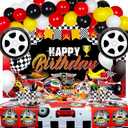 HOUSE OF PARTY Race Car Balloon Garland - 110 Pcs | Two Fast Birthday Decorations with Red Black White Yellow & Checkered Balloons with VROOM! Banner for Cars Party Decorations