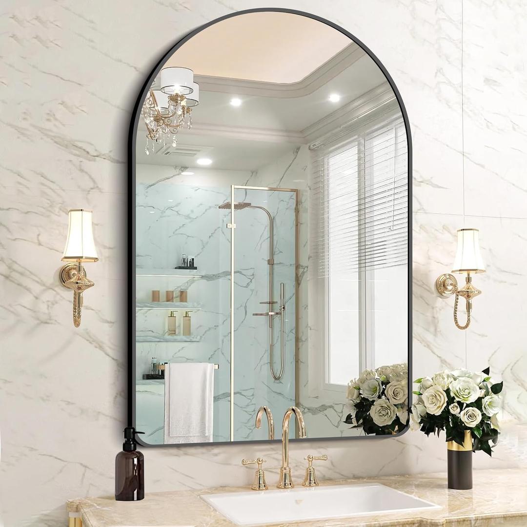 FORBATH Arched Mirror 32x48 Inch, Bathroom Mirror Wall Mounted Modern Black Aluminum Alloy Frame Decor Large Dresser, for Bedroom Living Room Entryway, Hanging or Leaning Against Wall
