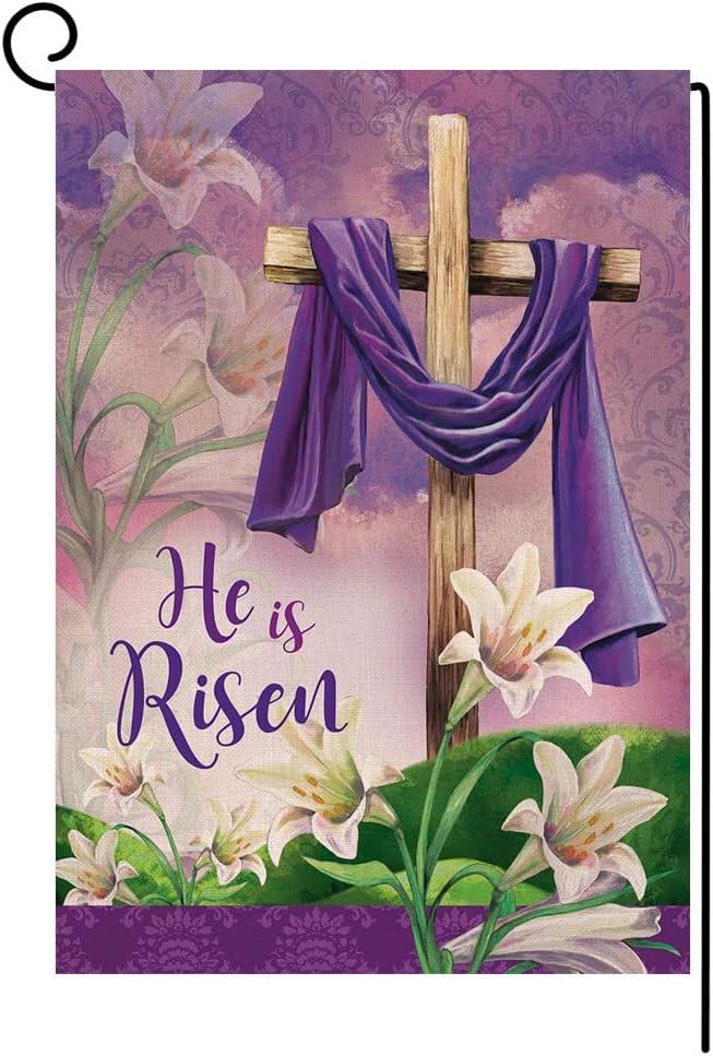 4 x He is Risen Spring Easter Small Garden Flag Vertical Double Sided Burlap Welcome Farmhouse Yard Outdoor Decoration 12 x 18 Inches