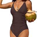 Charmo Tummy Control One Piece Swimsuits for Women Ruched Bathing Suits Strappy V Neck Monokini (Medium, #1a Black)