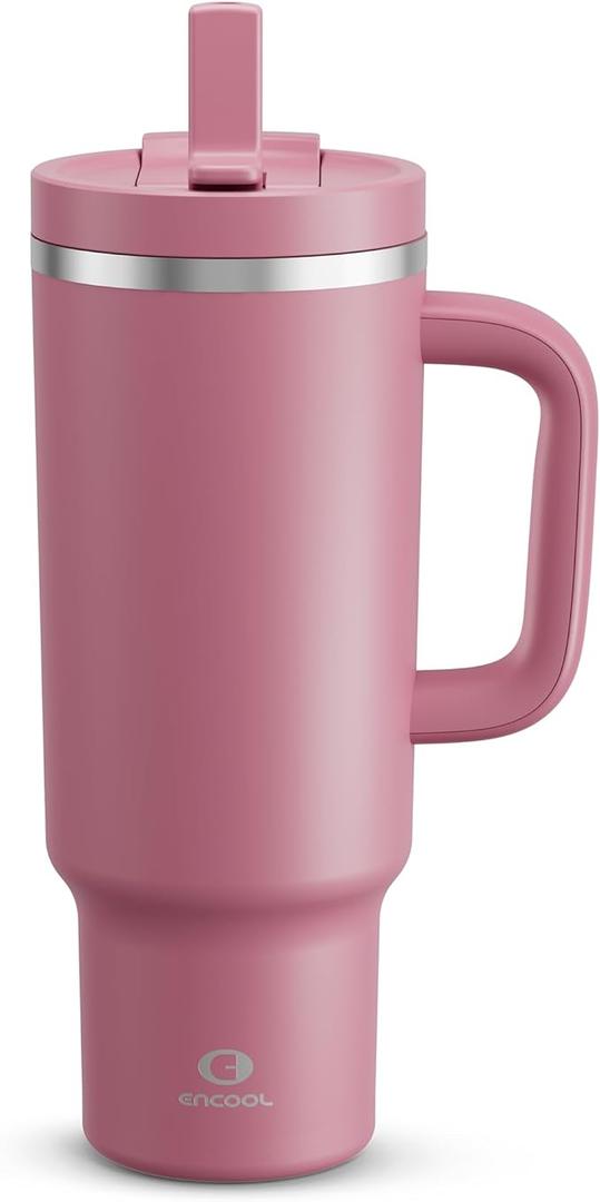 40 oz Tumbler with Handle and Straw: Stainless Steel Insulated Tumbler Keeps Cold for 24 Hours, Leakproof Travel Cup Fits in Cup Holder and BPA-Free, Cotton Candy