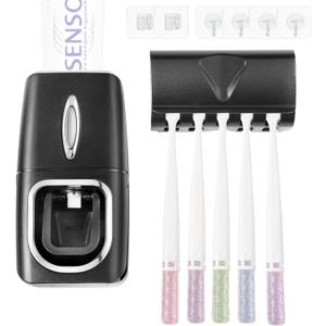 Toothbrush Holder and Toothpaste Dispenser Set, Automatic Toothpaste Squeezer Dispenser, Dispenser Toothpaste Squeezer Kit, Wall Mounted Bathroom Accessories (Black)