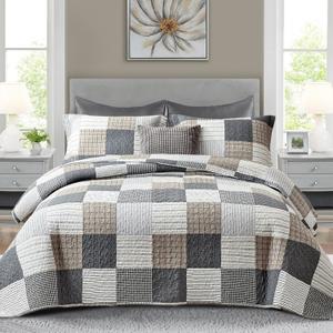 Finlonte Quilt Set Queen Size - 100% Cotton Queen Comforter Set, Plaid Quilted Bedspread Farmhouse Country Bed Spread, Lightweight Reversible Quilt Bedding Set All-Season, Gray/Brown/Black/White, 3Pcs (Queen (90"x98"))