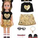 MSYO 17-18 Inch Shiny Gold Doll Clothes 7Pcs Set, Princess Party Doll Dress Up Outfit with Headband Top Skirt Socks Shoes Glasses Necklace, Wedding Pretend Play Doll Gift