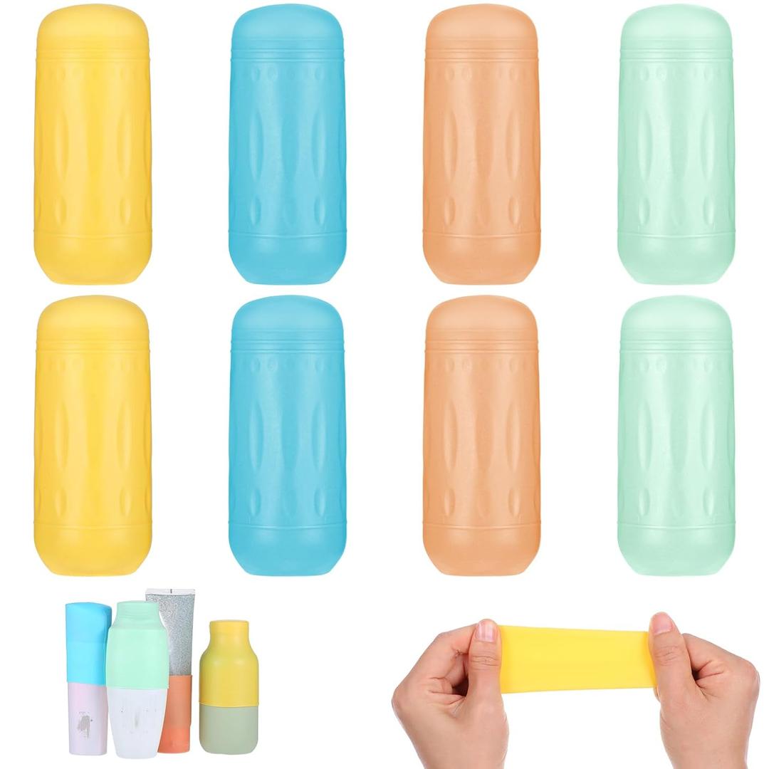 8Pcs Silicone Bottle Covers for Traveling Portable Leak Proof Travel Bottle Covers Elastic Silicone Covers for Travel Toiletries Essentials for Women Men, Fits Various Travel Size Bottles