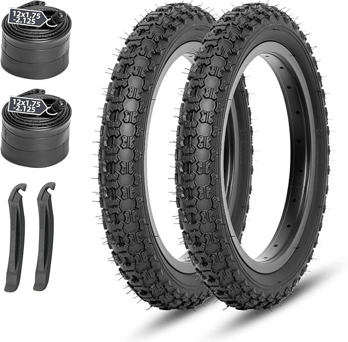 MOHEGIA Kids Bike Tires Replacement Set: 2-Pack 12-1/ 2-Inch x 2-1/ 4 Inch (12.5x2.125 inch) Folding Bicycle Tires and Pair 12.5-inch Inner Tubes Schrader Valve with Tire Levers