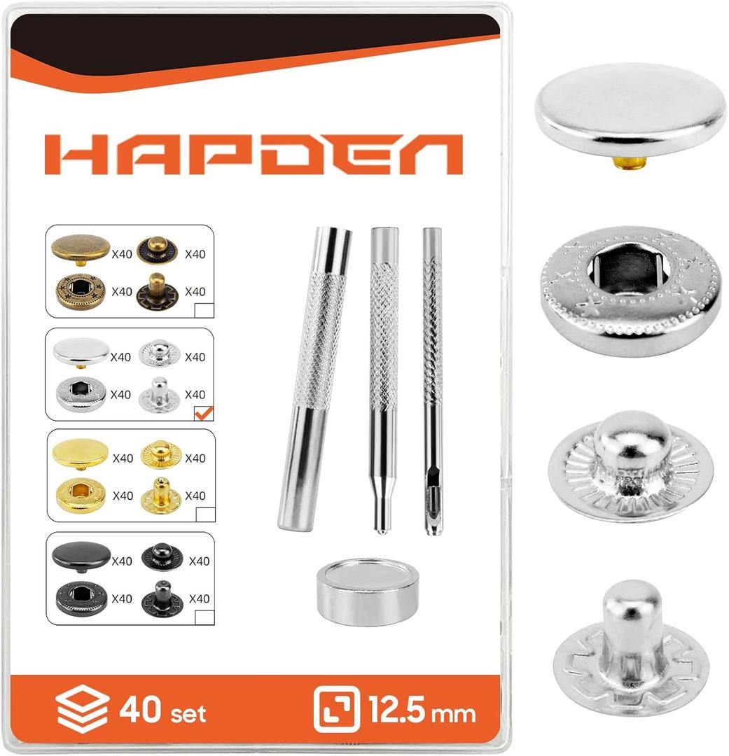 Leather Snaps and Fasteners Kit12.5mm 40 Sets Metal Snap Buttons with Setter Tools Sewing Snaps for ClothingFabricLeather, Clothes, Jackets, Bags, DIY Crafting Silver