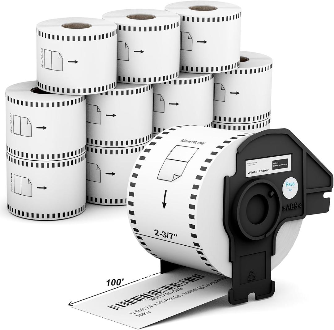 12 Rolls 2.4" x 100 Feet Continuous Paper Label Replacement for Brother DK-2205 Use with Brother QL-800 QL-720NW QL-810W QL-820nwb, Misofuki 2-3/7" x 100' Cut-to-Length White Paper Labels with 1 Frame