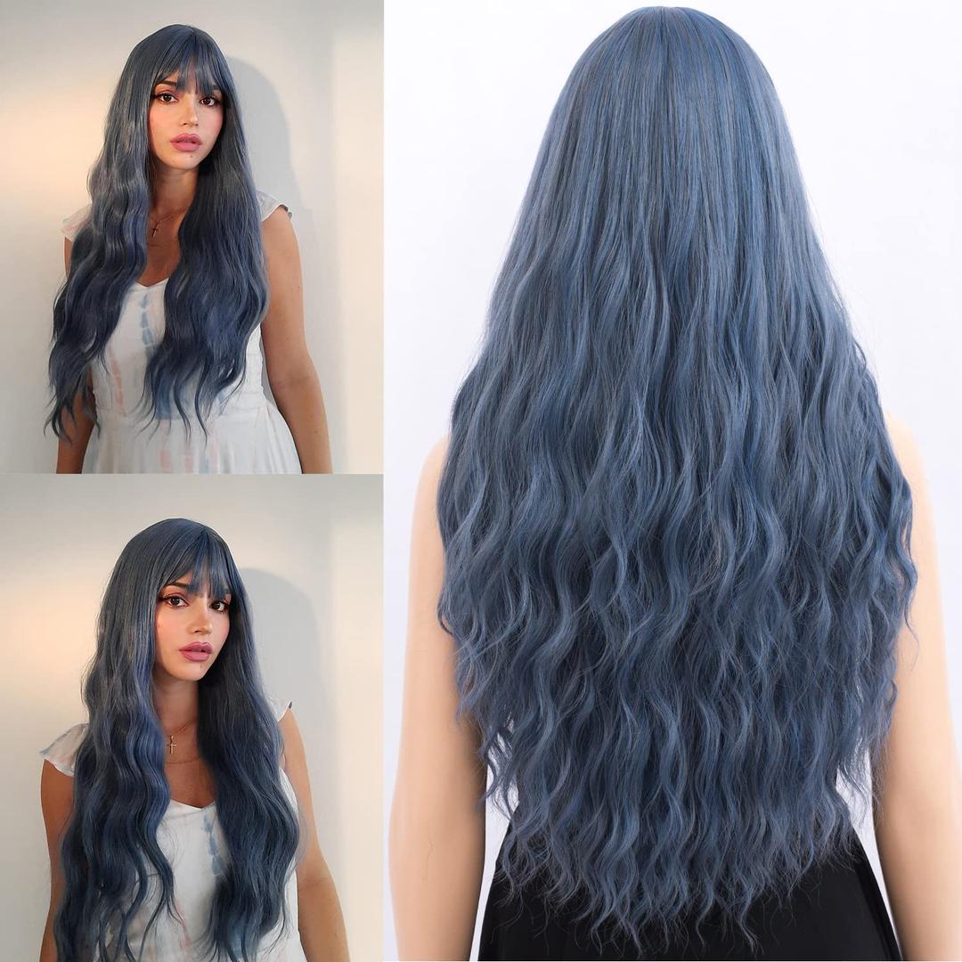 Netgo Blonde Wig, Platinum Blonde Wig with Bangs, Long Curly Wavy Hair Wigs for Women, Heat Friendly Synthetic Cosplay Halloween Party Wigs for Girl 