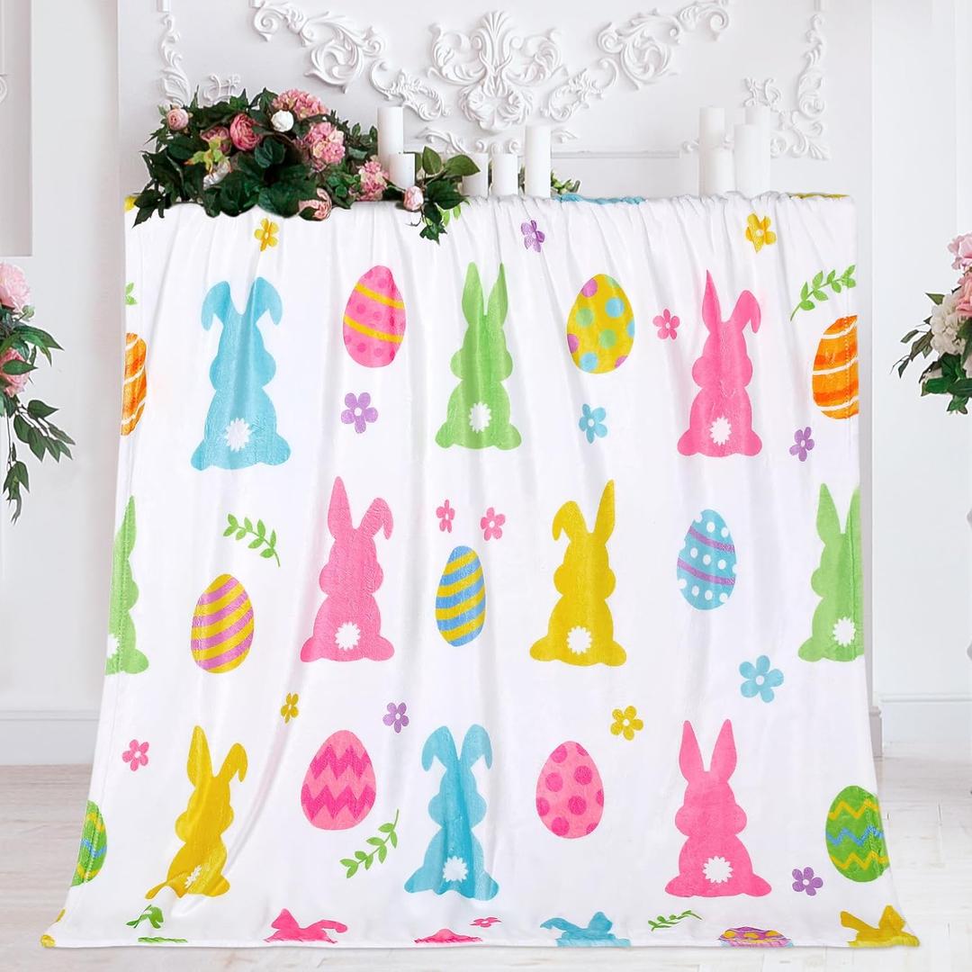 WovWeaveE Easter Fuzzy Blanket 60 x 50 Inch Bunny Throw Blanket Rabbit Flannel Blanket Eggs Fleece Blanket Soft Cozy for Spring Couch Sofa Bedroom Travel Home Decor