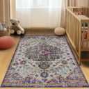 Washable Area Rug 8x10 Vintage Purple Rugs | Large Soft Rugs for Living Room Carpet 8x10 Area Rugs for Bedroom Dining Room Non-Slip Stain Resistant Under Table Rug