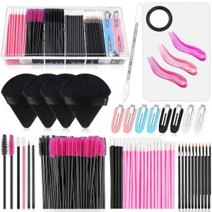 Disposable Makeup Applicators Kit with Triangle Puff Mixing Palette, Artist Supplies Disposable Mascara Wands, Lip Brushes, Hair Clips Powder Puffs for Face with Storage Box (Black and Pink)