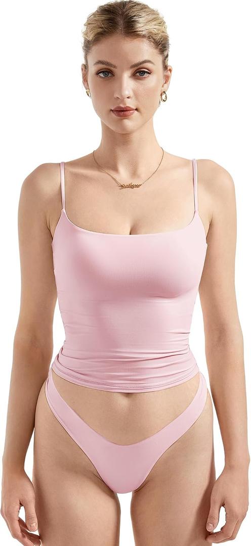 SUUKSESS Women Double Line Square Neck Tank Top Summer Y2K Going Out Basic Cami Shirt (Pink, S)