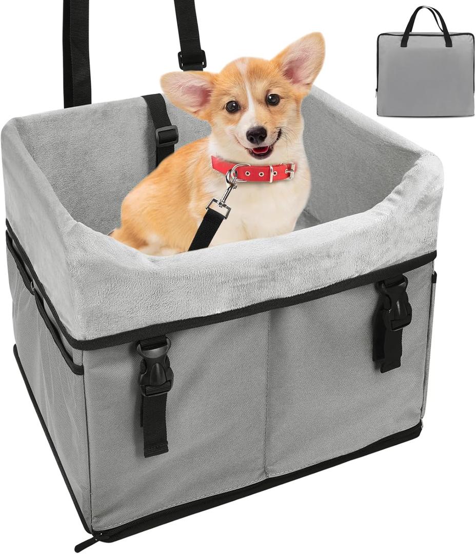 SZEE Dog Car Seat for Small Dogs Under 25 lbs, 4 3/4" Booster Pet Car Carrier for Small Pets, Portable & Foldable, with Storage Pockets, Metal Safety Leash, and Tight Front Buckle (Gray)