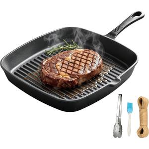 Cast Iron Grill Pan, 9.5 inch Square Grill Pan Skillet with Pour Spout, Cast Iron Griddle Pan with Small Meat Tong, Oil Brush & Hemp Rope for Stove Tops, Gas, Induction, Grill, Campfire, Oven Safe