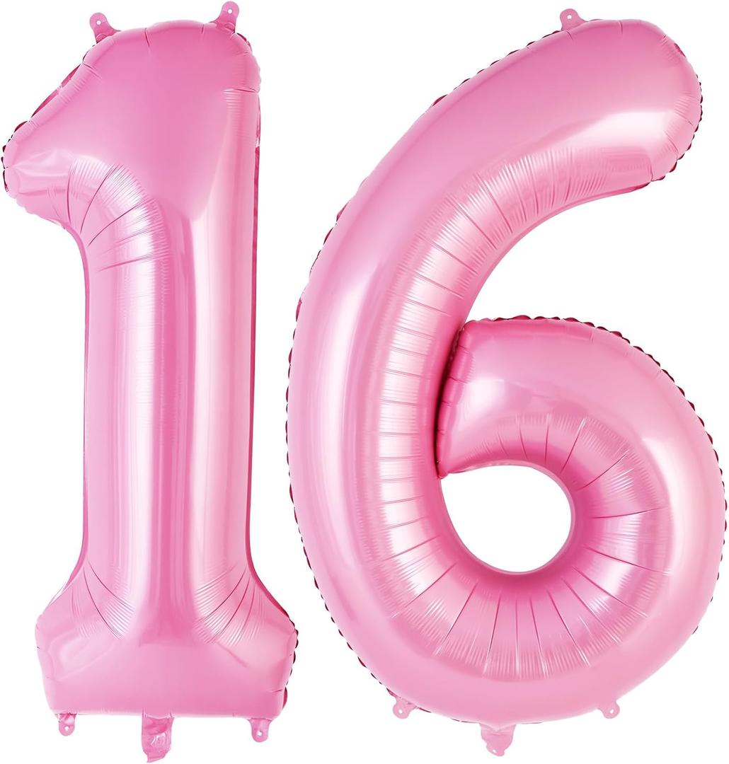 Pink Number 16 Balloon, 40 Inch Big Large Foil Helium Number Balloons, Giant Mylar Number 16 Balloons for 16 Years Old Birthday Party Decorations Supplies Anniversary