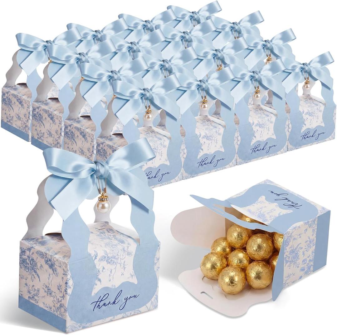 ForraFun 50 Sets Floral Wedding Favor Boxes with Pearl Pendant Bow Ribbon Floral Wedding Party Candy Boxes Bridal Gift for Guests Bridal Shower Birthday Party Anniversary Supplies(Blue)
