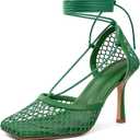 SAMMITOP Lace Up Mesh Heels for Women Comfortable High Stiletto Heel Tie Up Ankle Strap Closed Square Toe Pumps Bridal Wedding Shoes 3.5 Inch Green US Size 9.5