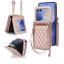 for Samsung Galaxy Z Flip 7 Case with Card Holder with 8-Card Slots Wallet Case with Detachable Strap Crossbody Lanyard Soft PU Leather for Women- Rose Gold