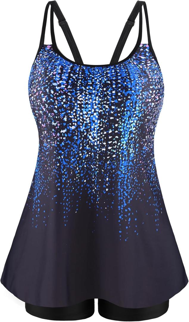 NIeyook Womens Tankini Swimsuit Plus Size Two Piece Bathing Suit Flowy Swim Tops with Boy Shorts 2025 Modest Swimwear (Blue Dot Gradient) XL