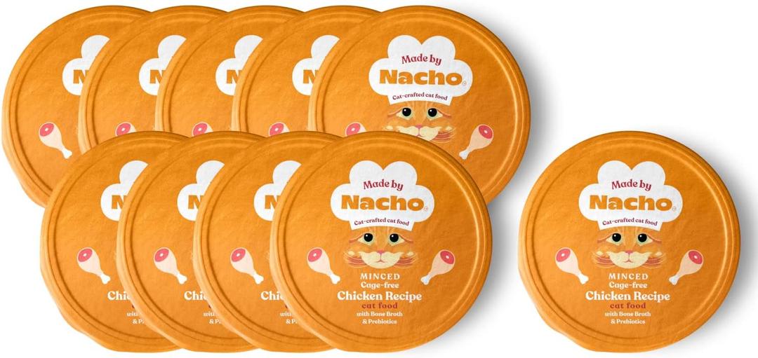Made by Nacho Wet Cat Food, Cage-Free Minced Chicken in Bone Broth for Hydration with Prebiotics for Digestive Health, High Protein, 2.5oz Cups (10 Pack), Limited Ingredients (EXP 04/15/28)