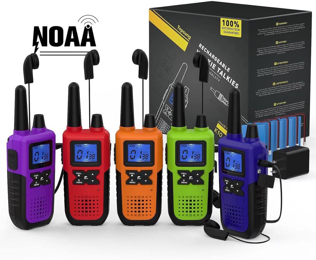 Walkie Talkies for Adults Long Range Rechargeable with Earpiece NOAA Weather Alert, Multi-purpose 2 Way Radio 5 Pack for Team Work Senior Care Kid Adventure Family Camping Hiking Skiing Cruise (Blue Green Orange Purple Red)