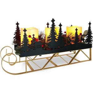 Christmas Sleigh Table Centerpieces Decorations, Xmas Black Cut-Out Tree Sleigh LED Candle Candelabrum with Timer Holiday Candle Holder for Home Party Table Mantel Decoration