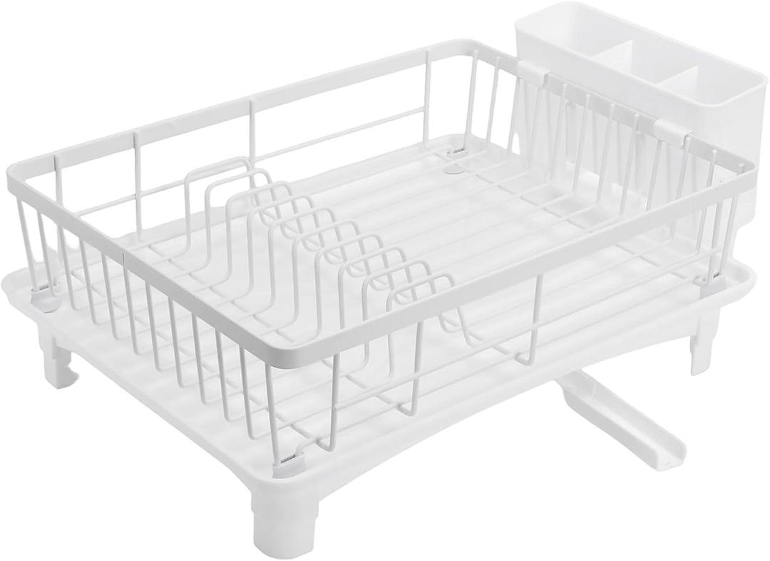 Dish Drainer with Drain Spout for Kitchen Counter, Space Saving Dish Drainer Utensil Holder, Kitchen Organiser for Sink, Cup, Bottle (White)