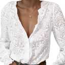 Lace Tops for Women Dressy Casual Blouses Puff Long Sleeve V Neck Button Down Business Work Shirts (Small, White)
