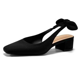 Coutgo Womens Chunky Low Heels Bow Slingback Pumps Closed Square Toe Wedding Party Dress Shoes, Black, Size 6