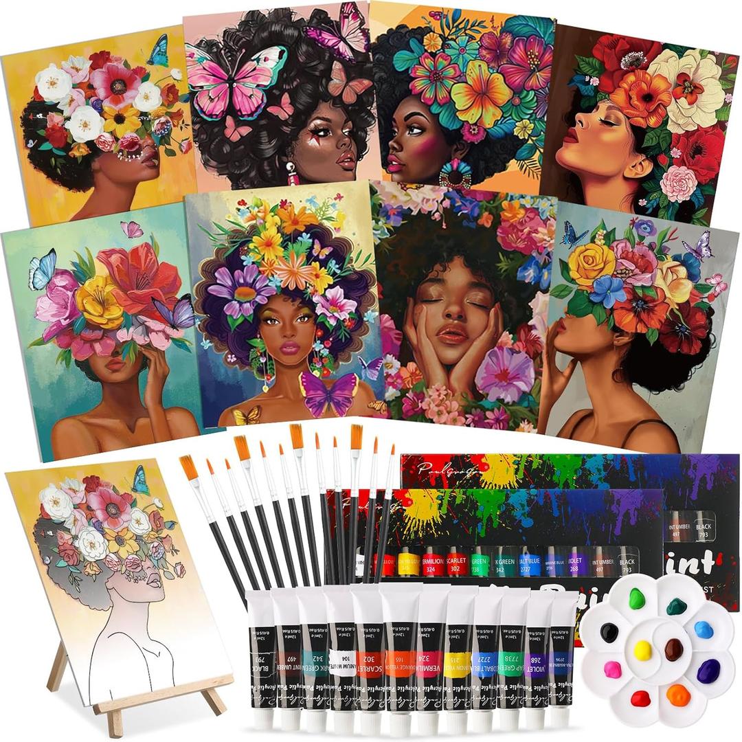 Cholemy 36 Pcs Paint and Sip Kit for Adults 8''x10'' Pre Drawn Canvas for Painting DIY Afro Acrylic Painting Kit Wood Easel Brushes Date Night Bulk for Mother's Day Party Gifts(Flower Lady)
