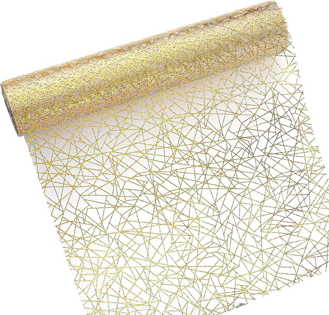 Coume 11" x 33 FT Gold Table Runner, Sheer Gauze Sequin Glitter Foil Table Runner Roll Mesh Metallic Gold Tables Decoration for Valentine's Day Mother's Day Wedding Anniversary Birthday Party Holiday
