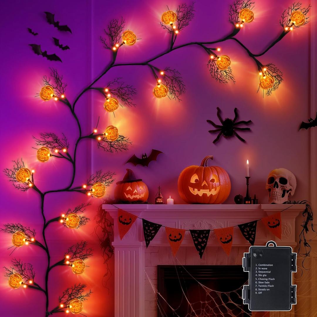 2 x [8 Modes & Timer] 6Ft 45 LED Halloween Willow Vine Twig Garland with Orange Lights - Battery Operated, Waterproof Halloween Decor for Indoor Wall, Fireplace Mantle, Home Party (Pumpkin, 6FT)