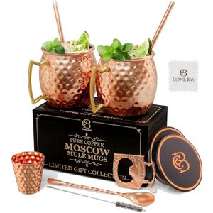 COPPER-BAR Moscow Mule Copper Mugs - Unique HANDCRAFTED Gift Set of 2, Hammered by Artisan, 100% Pure Solid Copper Cups 16oz for Drinking Water & Cocktails, Include 13 Pcs accessories & Special Opener