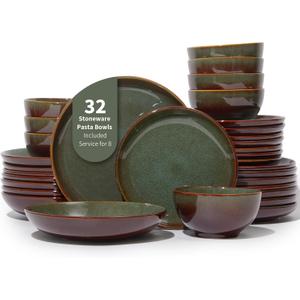 Pokini 32 Piece Double Bowl Dinnerware Sets with Pasta Bowls, Highly Chip and Crack Resistant Plates and Bowls Sets, Natural Earthyware Ceramic Dishware Sets, Service for 8 Brown Green