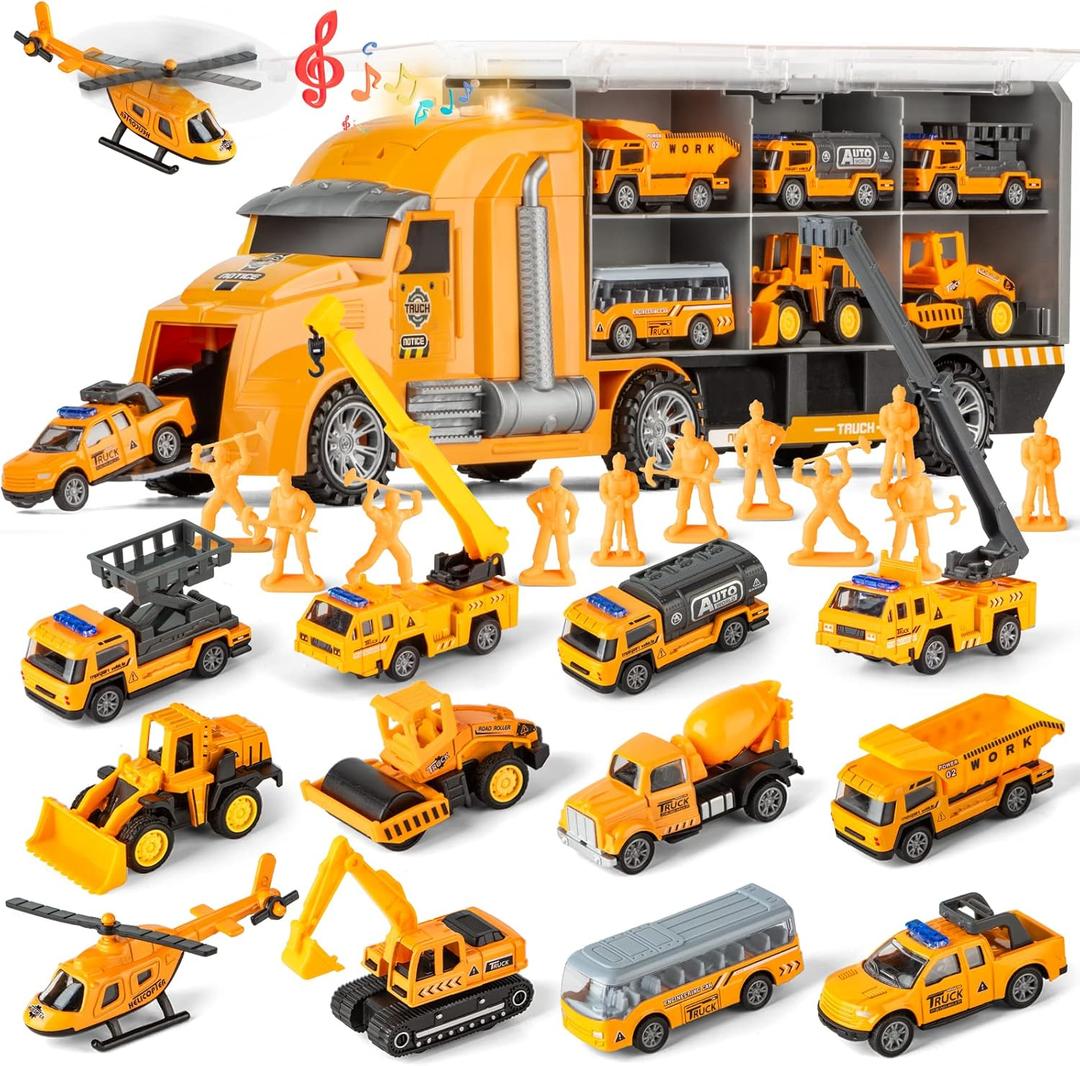 25 in 1 Die-cast Pull Back Construction Truck Vehicle Toys for 3-7Year Old Boy, Sounds and Lights in Large Carrier Truck, Age3+ Kids Child Boy Toy Cars Birthday Gifts