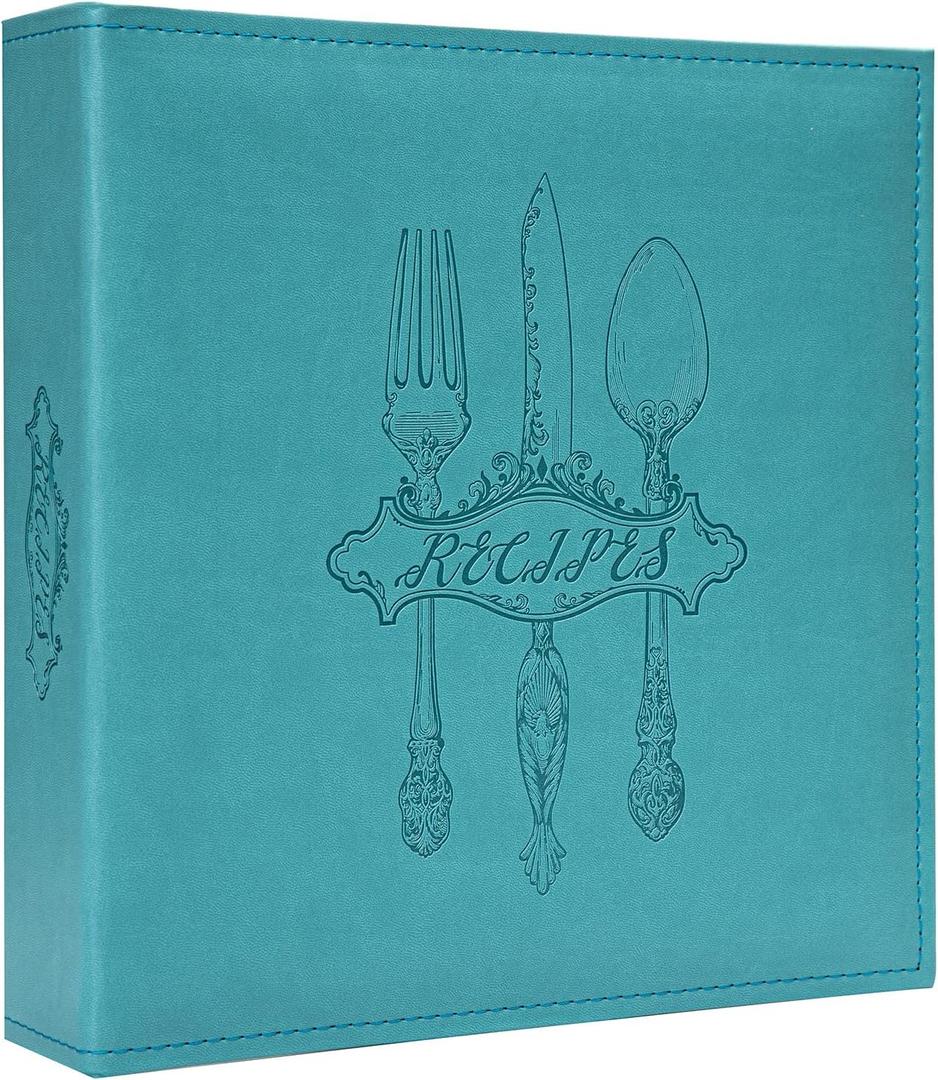 COFICE Recipe Binder  8.5x11 3 Ring Blank Family Recipe Book Binder Kit to Write in Your Own Recipes with PU Faux Leather Cover and Plastic Sleeves (Blue)