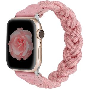 Wearlizer Stretchy Braided Band Compatible with Apple Watch Bands Women 38mm 40mm 41mm 42mm 44mm 45mm 46mm 49mm Slim Elastic Solo Loop Strap Woven for iWatch Series 11 10 9 8 7 6 5 4 3 SE/Ultra 3 2 1 (Pink)