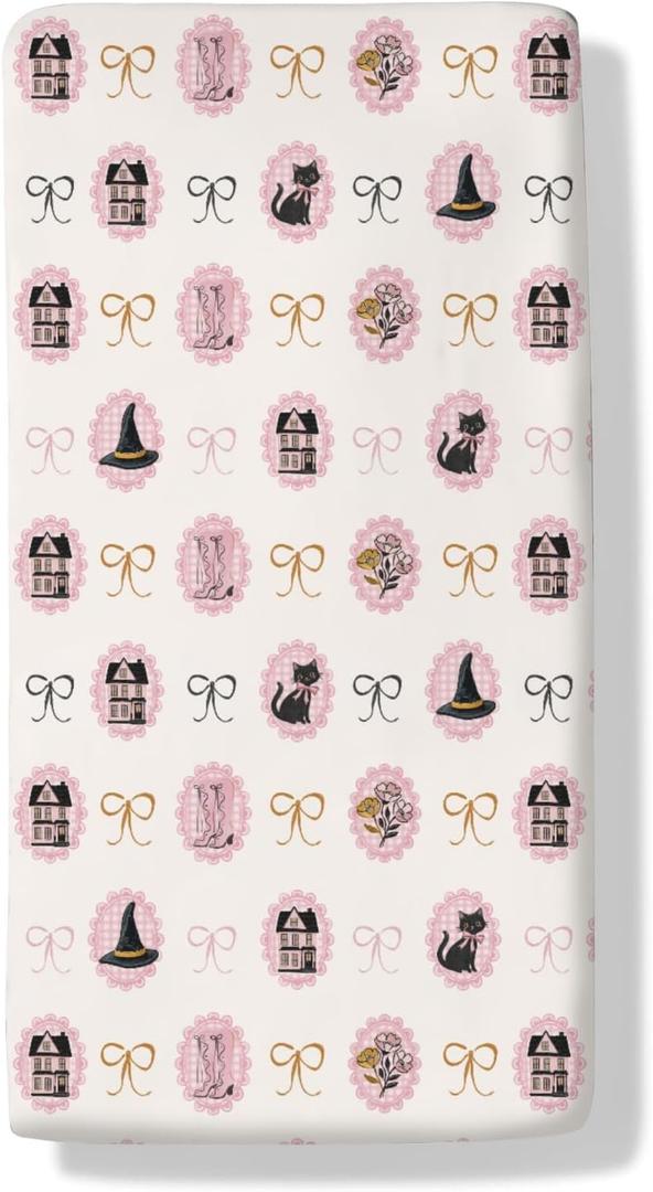 Pink Halloween Cat Witch Baby Crib Sheets for Girls Cute Black Halloween Cat Bows Baby Sheet Spooky Western Cowgirl Fitted Crib Mattress Cover Standard Toddler Mattress 52''x28'' (One size)